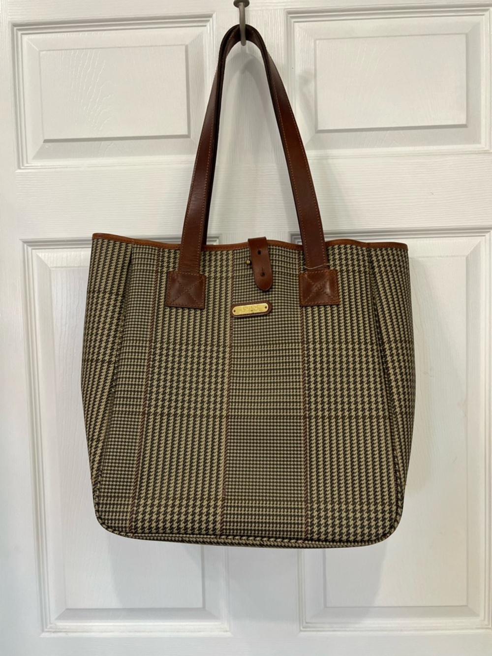 Polo Ralph Lauren Plaid Tote Bag with Brown Leather Handles